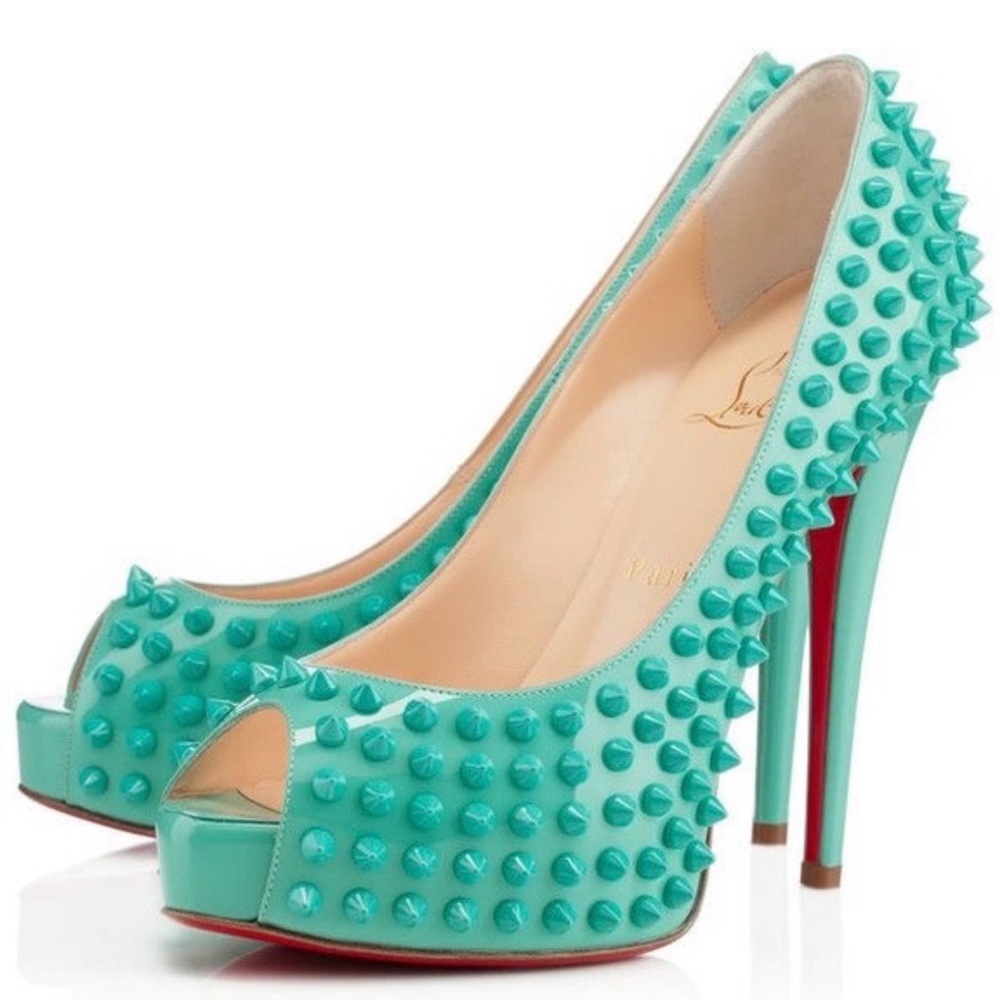 Christian Louboutin Aqua Spiked Peep-Toe Heels